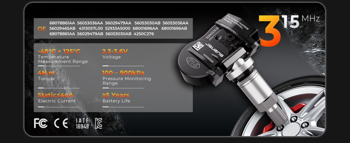 TPMS Sensors,315Mhz set of 4 Tire Pressure Monitor System for Chrysler Jeep
