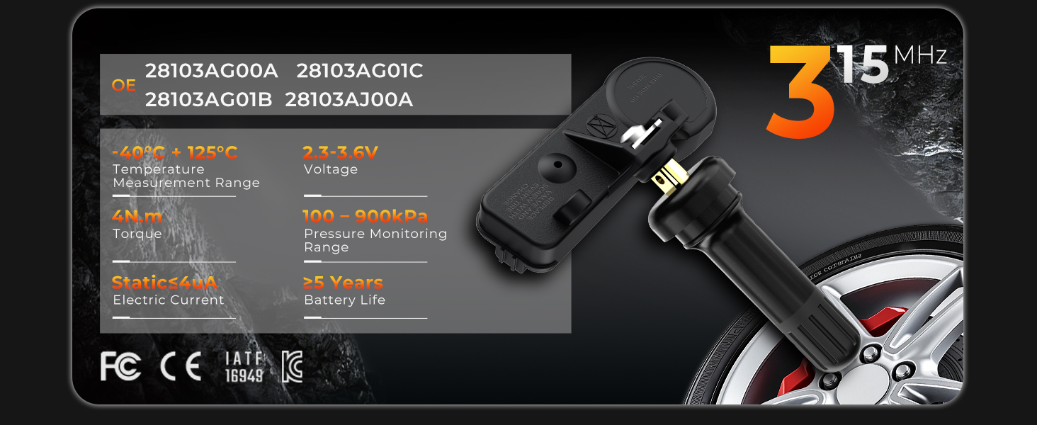 Jsueng TPMS Sensors,315Mhz Set of 4 Tire Pressure Monitor System for Subaru