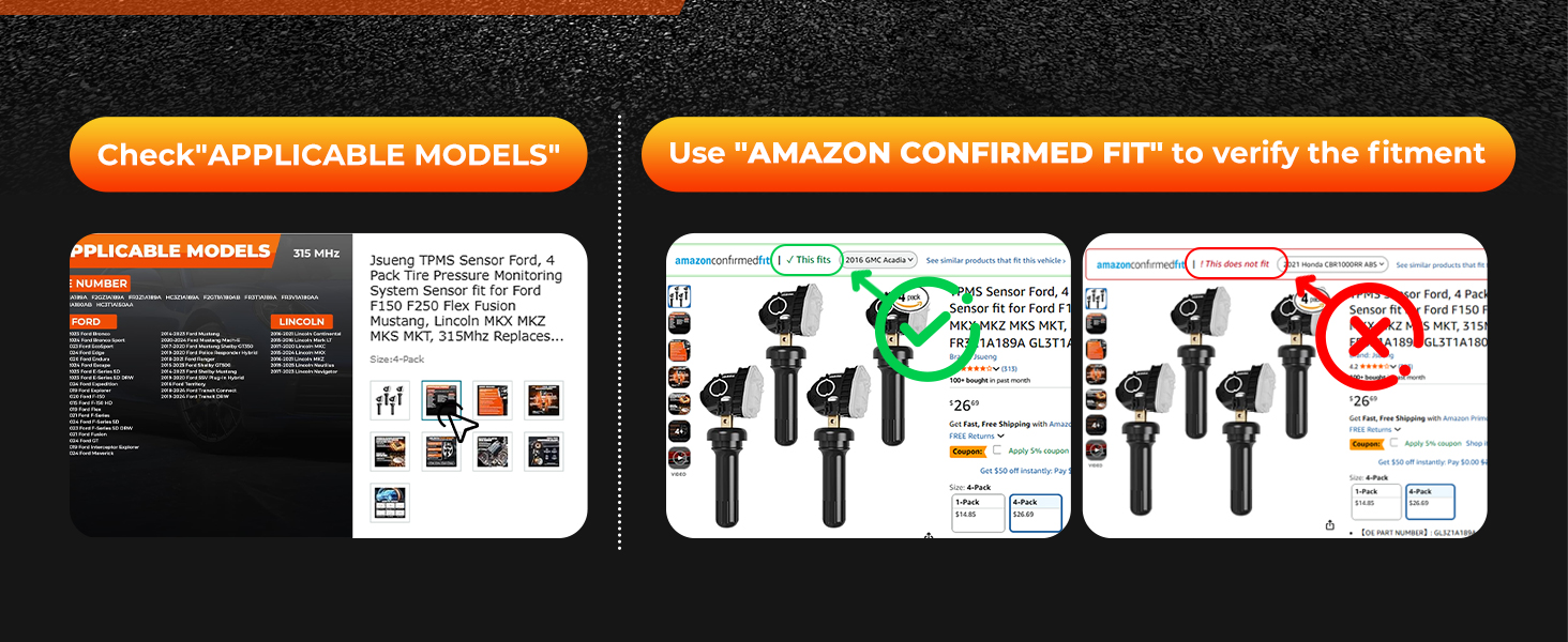 Jsueng TPMS Sensors,315Mhz 4-Pack Tire Pressure Monitoring System Sensor
