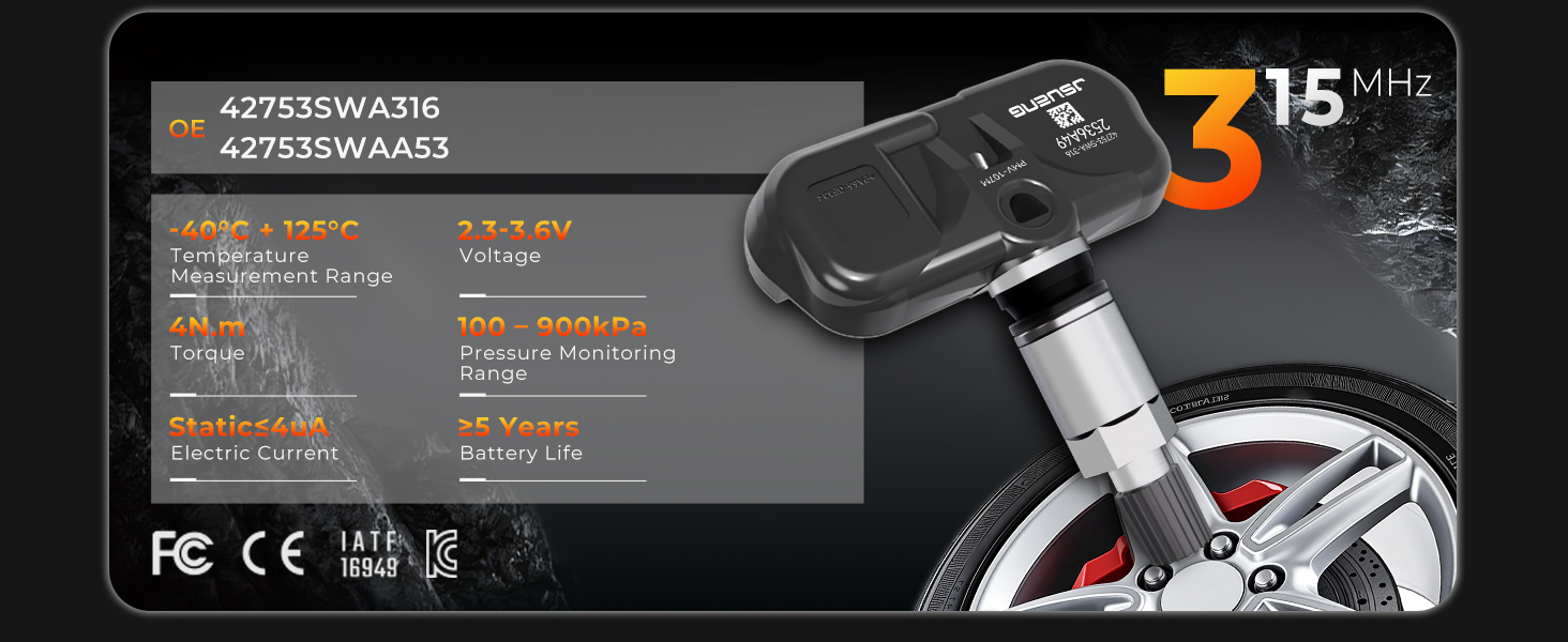 Jsueng TPMS Sensors,315Mhz 4-Pack Tire Pressure Monitoring System Sensor