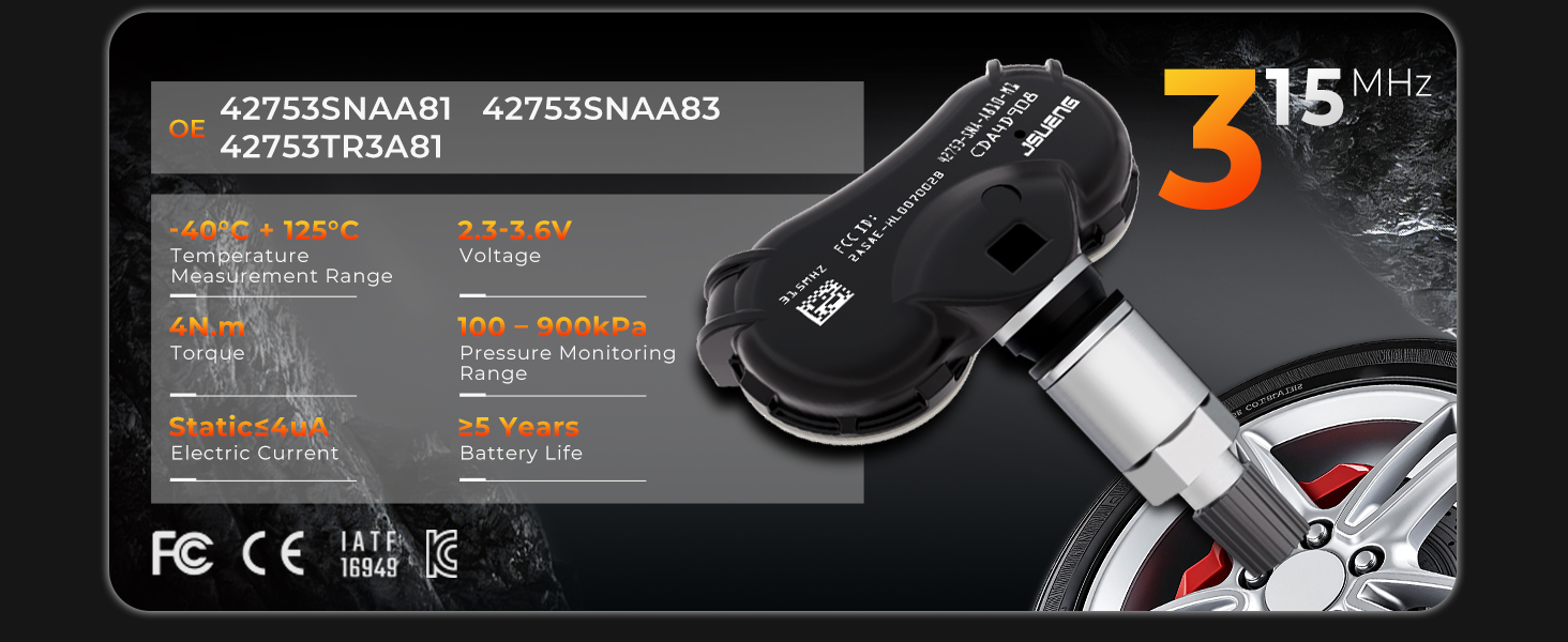 Jsueng TPMS Sensor,315Mhz Tire Pressure Monitor System fit for Honda Acura