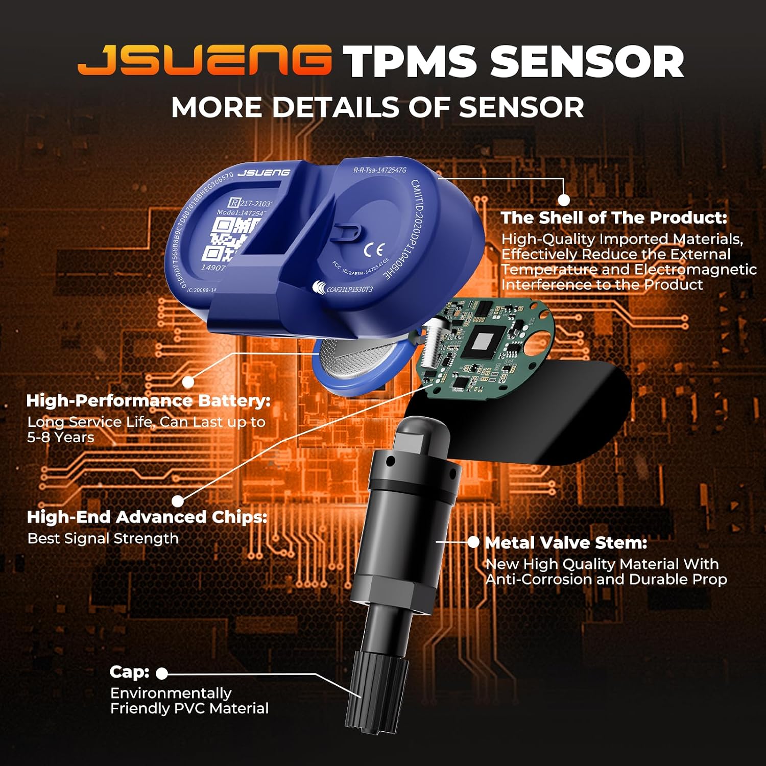 Jsueng TPMS Sensors,315Mhz Set of 4 Tire Pressure Monitor System for Tesla